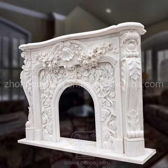 Basic Customization Home Decoration White Marble Fireplace Mantel French Style Hand Carved Marble Interior Design Fireplace