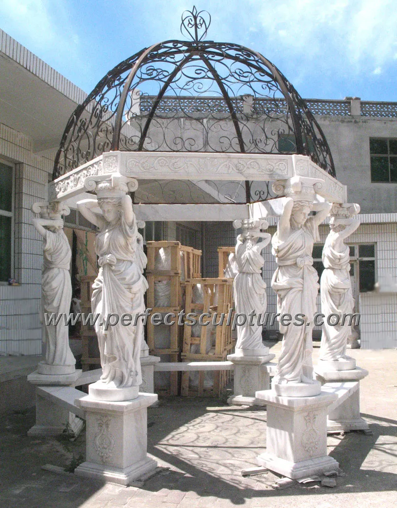 Outdoor Garden Decor Stone Carving Statue White Marble Gazebo