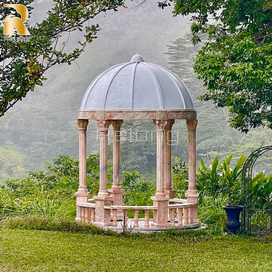 High Quality Natural White Stone Pavilion Outdoor Decoration Hand Carved Marble Garden Gazebo with Iron Dome