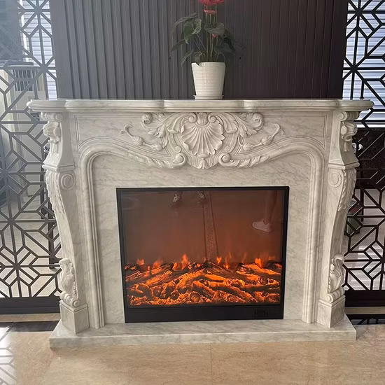 White Marble Stone Fireplace with Flower Carving for Home Decoration